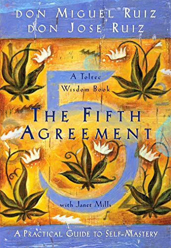 Book cover of The Fifth Agreement with stylized plants on an orange and blue background.