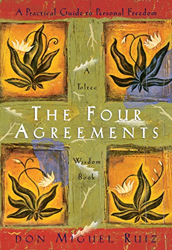 Book cover for "The Four Agreements" with floral designs and green background.