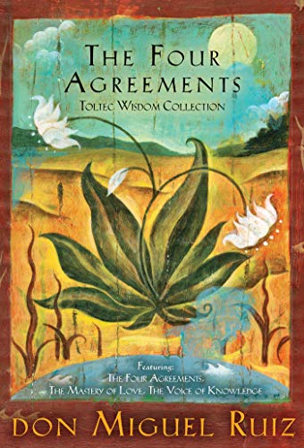 Book cover with painted landscape, plant, and title "The Four Agreements.