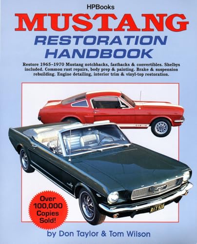 Book cover featuring classic green and red Ford Mustangs, restoration guide.