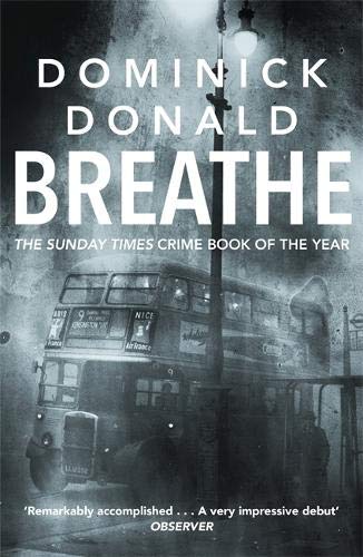 Book cover: foggy London street scene with a red double-decker bus.