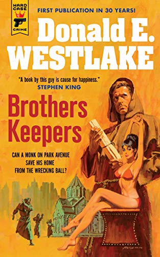 Vintage book cover: monk, woman, and city scene in orange tones.