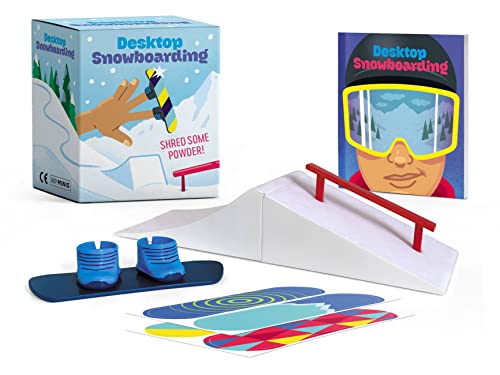 Miniature snowboarding set with ramp, snowboard, boots, and stickers.