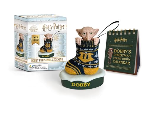 Dobby figurine peeking from a striped sock stocking with packaging and calendar.