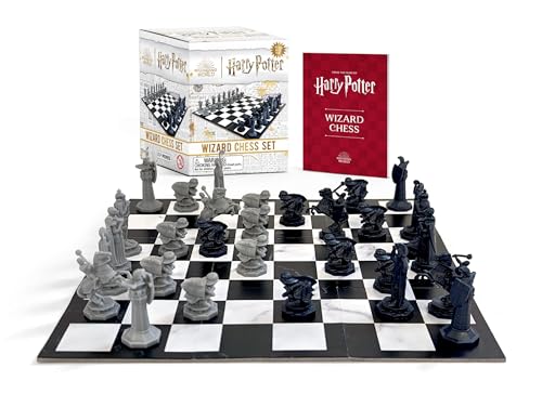 Wizard Chess set with black and grey sculpted pieces on a chessboard.
