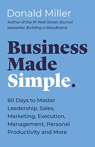 Book cover: "Business Made Simple" by Donald Miller, blue background.