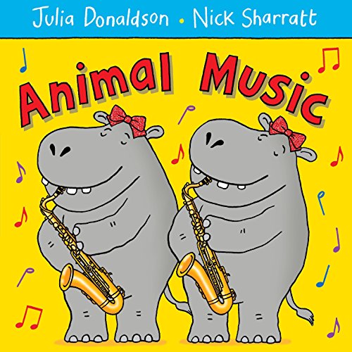 Two grey hippos with red bows playing saxophones on a yellow background with music notes.