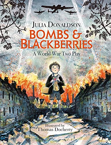 Play cover: boy with suitcase amid wartime rubble, plane above.