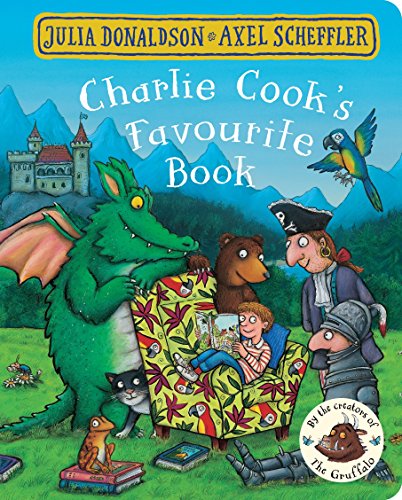 Book cover with a dragon, pirate, and characters reading together.