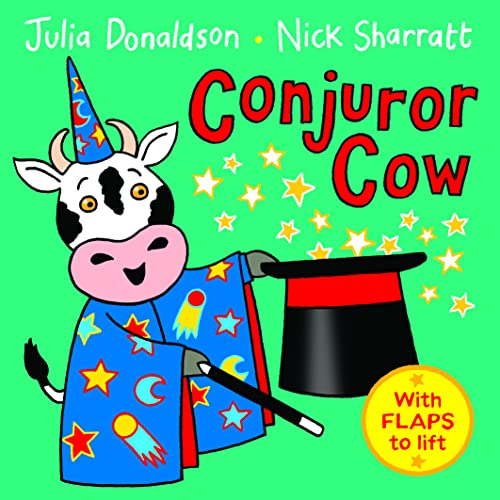 Cow in a magician’s hat and cape, holding a magic wand.