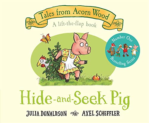 Pig in a floral dress hides amongst green bushes, children nearby.