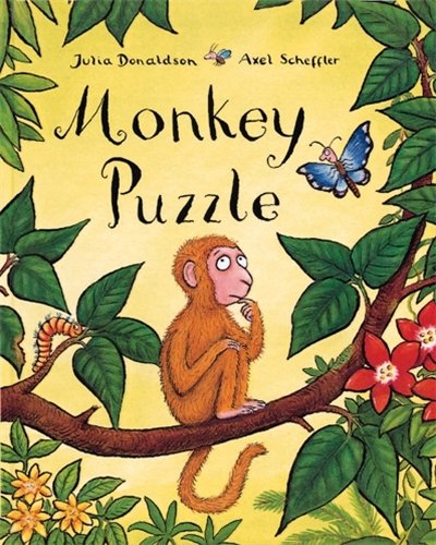 Cover of Monkey Puzzle book showing a thoughtful monkey sitting on a tree branch.