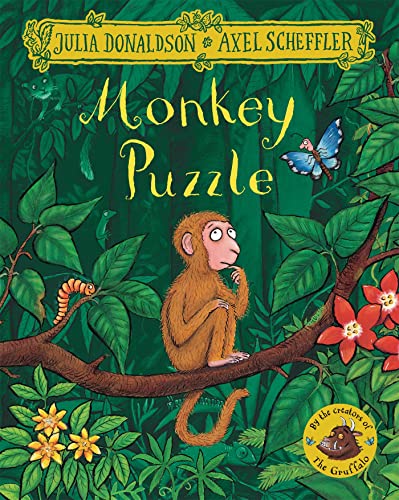 Monkey sits on a branch in a lush, green jungle scene.