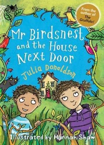 Children, a house, birds, and a black cat on a book cover.