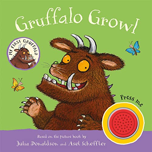 Gruffalo sound book with a red "Press me" button and butterflies.