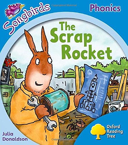 Book cover: a brown rabbit building a rocket from scrap materials.