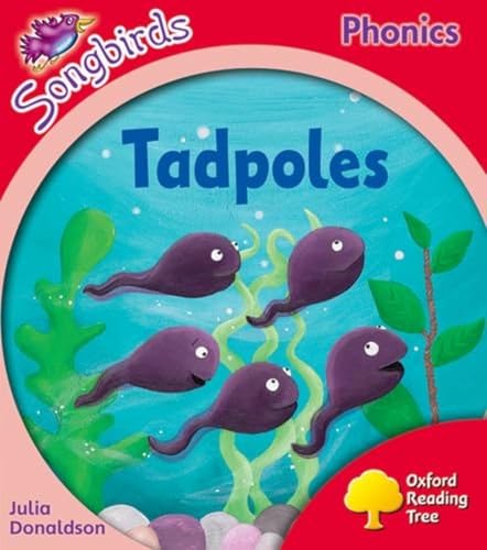 Book cover: "Tadpoles" shows five purple tadpoles in water with green plants.