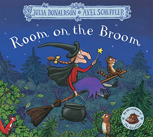 A witch flies on a broom with a cat, forest background.