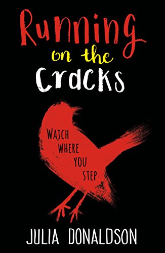 Book cover: red bird silhouette on black, title “Running on the Cracks.”