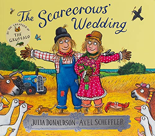 Book cover: Scarecrow couple holding flowers, surrounded by farm animals.