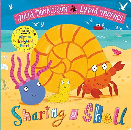 A crab, a sea anemone, and a worm stand before a large yellow shell.