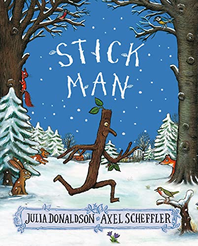 Illustration of a stick figure running through a snowy forest with animals.