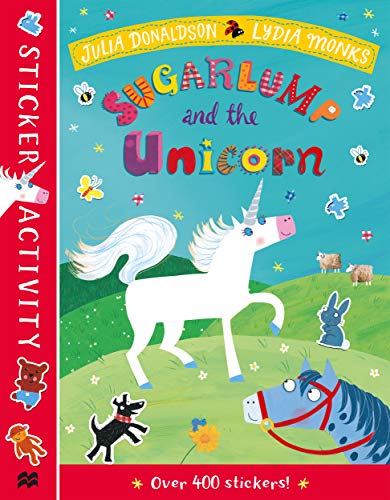 Colorful sticker book cover featuring a white unicorn in a green field.