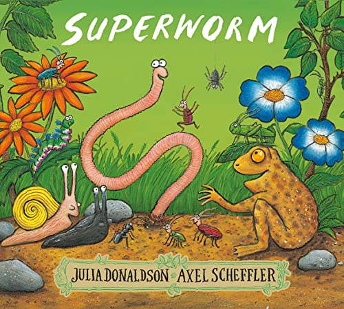 Children’s book cover with a large pink worm and garden creatures.