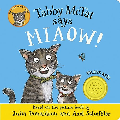 Children’s book cover featuring a striped cat, kitten, and a yellow button.