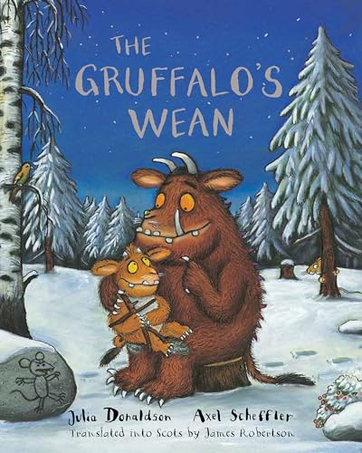 Gruffalo and child in a snowy forest, book cover illustration.