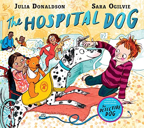 Children with a spotted hospital therapy dog in a colorful, illustrated scene.