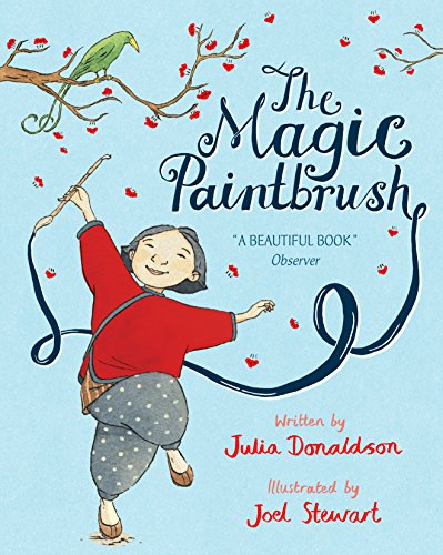 Book cover: girl with paintbrush, bird, and swirling blue paint strokes.