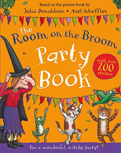 The Room on the Broom Party Book" cover with witch, cat, and bird.