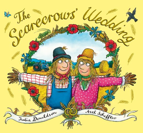 Book cover: two smiling scarecrows embracing within a floral wreath.