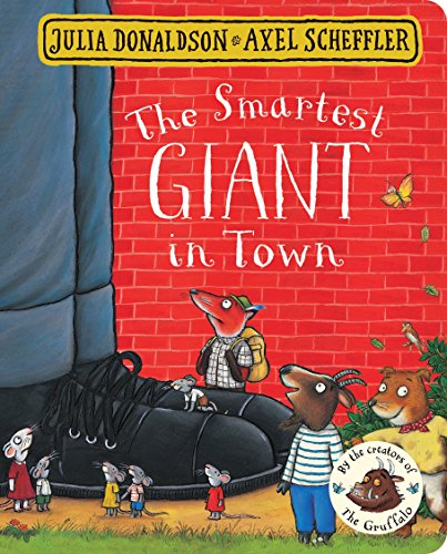 Book cover: giant’s boot, small animals, and red brick wall illustration.