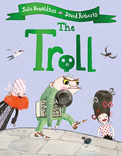 Book cover illustration showing a troll with a frying pan, a pirate, and girl.