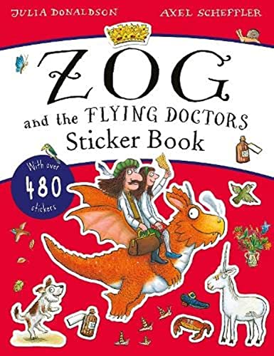 Zog and the Flying Doctors sticker book cover featuring a dragon and two doctors.