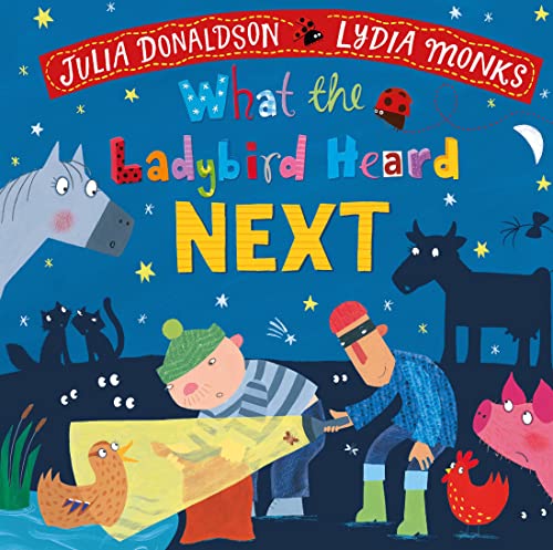 Book cover featuring a ladybird, farm animals, and two burglars with a flashlight at night.