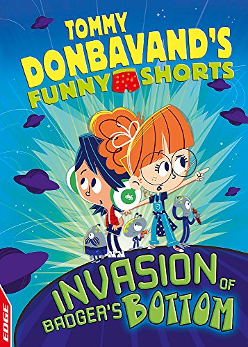 Cartoon children point upwards at alien spaceships, book cover.