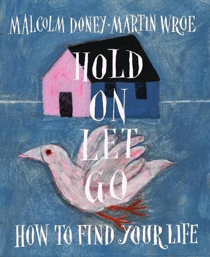 Book cover with painted houses, a bird, and bold white text.