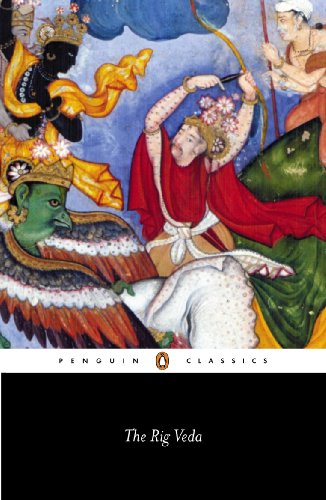 Book cover of "The Rig Veda" with a colorful, detailed Indian painting.