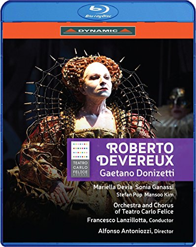 Blu-ray cover featuring a performer in elaborate historical costume for Donizetti's opera Roberto Devereux.