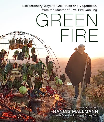 Cookbook cover featuring grilled produce around a fire and a chef.