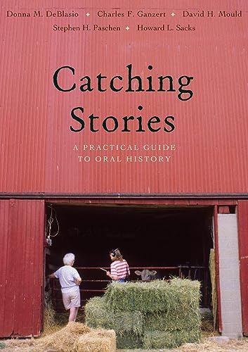Book cover: "Catching Stories" with a red barn and two figures.
