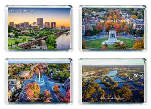 Four magnetic photo tiles displaying autumnal cityscapes of Richmond, Virginia.