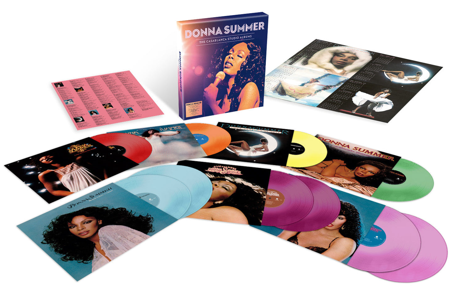 Donna Summer Casablanca Studio Albums box set with ten colored vinyl records and inserts.