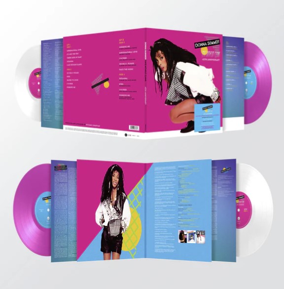 Donna Summer album “Cats Without Claws” pink and white vinyl LP displayed open.