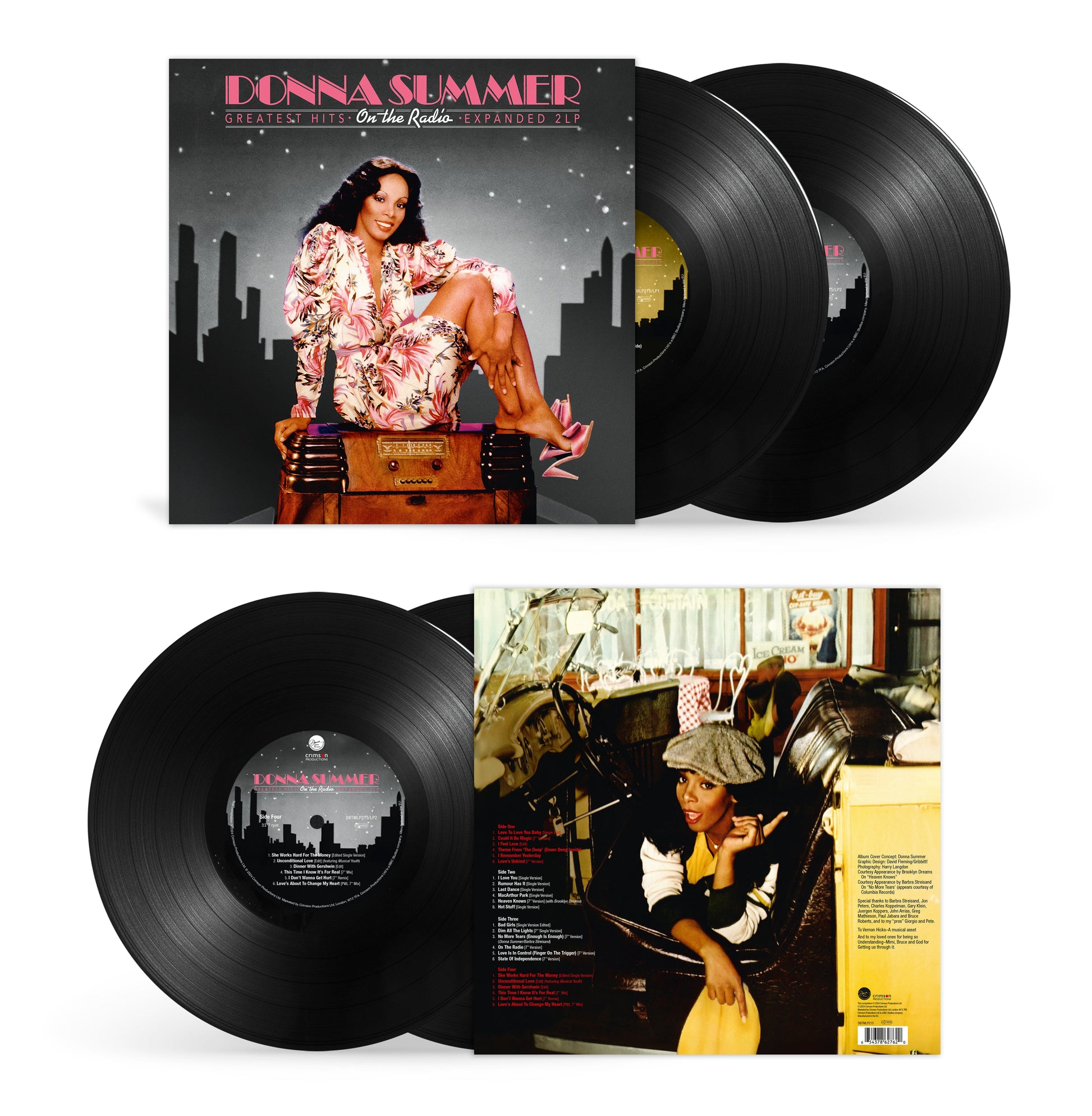 Donna Summer's "On The Radio" double vinyl record with album cover art.