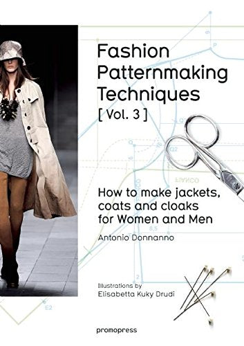 Book cover: fashion patternmaking techniques with model in coat, scissors, pins.