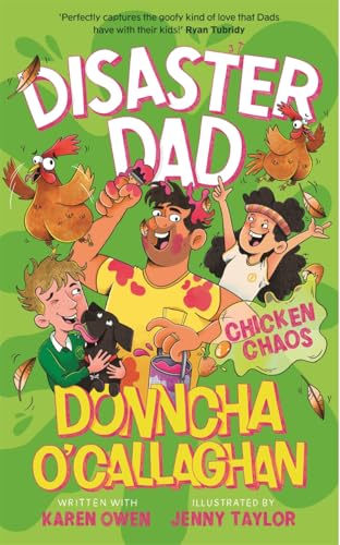 Book cover: Dad with children and chickens in a chaotic, cartoon scene.